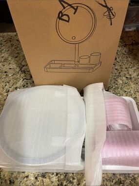 Vanity Makeup Organizer with Mirror - White and Light Pink